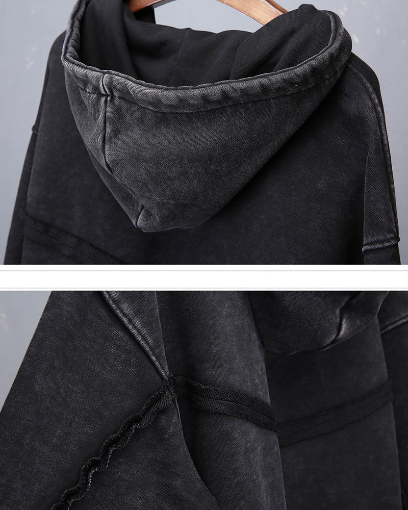 Washed Distressed Asymmetric Zip Techwear Hoodie