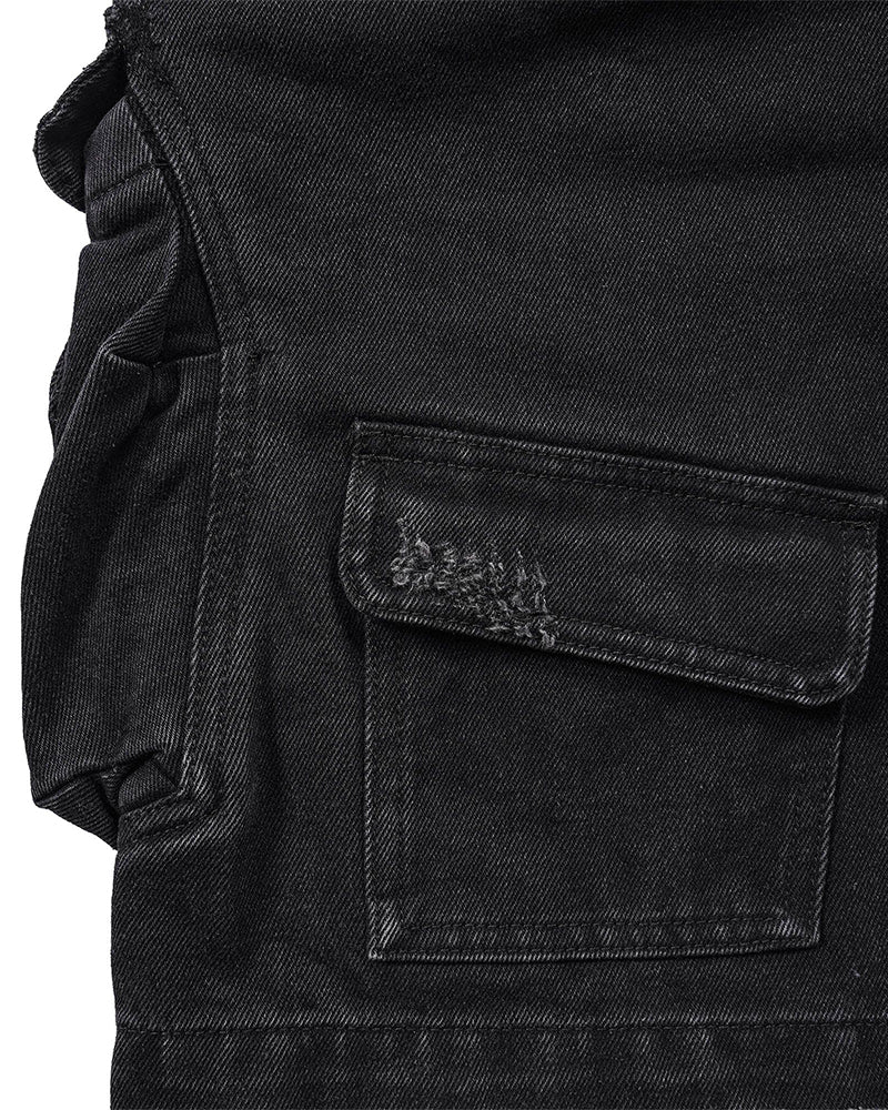Layered-Pocket Distressed Denim Shorts