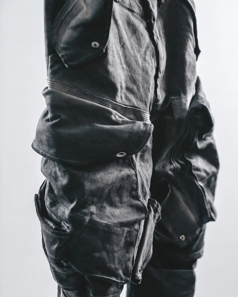 Post-Apocalyptic 3D Arc-Studded Distressed Cargo Pants