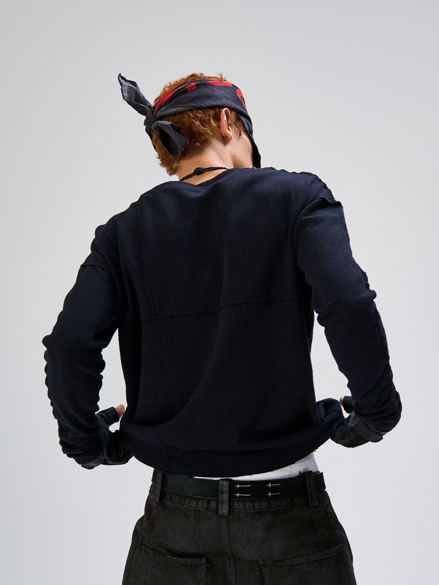 Cross-Panel Contrast Frayed Embroidered Long-Sleeve Tee