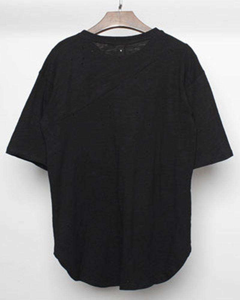 Diagonal Zip Distressed Techwear T-Shirt