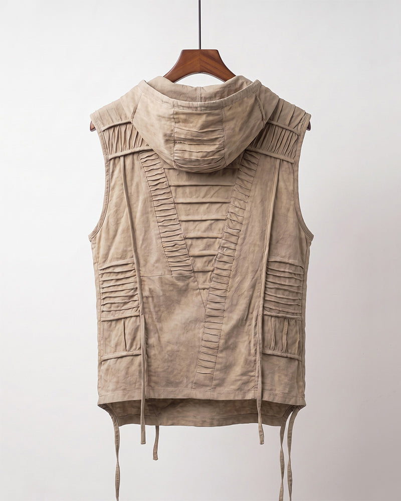 Wasteland Distressed Pleated Asymmetric Sleeveless Hooded Vest