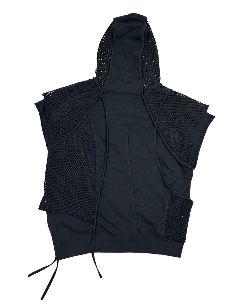 Post-Apocalyptic Mesh-Patchwork Diagonal-Zip Hooded Sleeveless T-Shirt