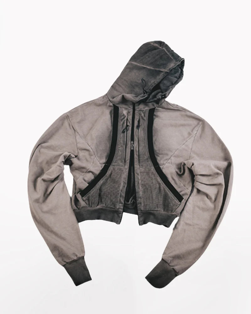 Washed Distressed Cropped Zip-Up Hoodie