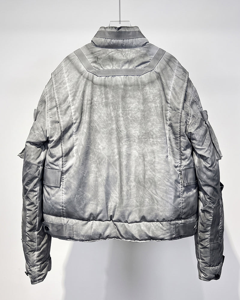Dystopian Distressed Cropped Multi-Pocket Down Jacket