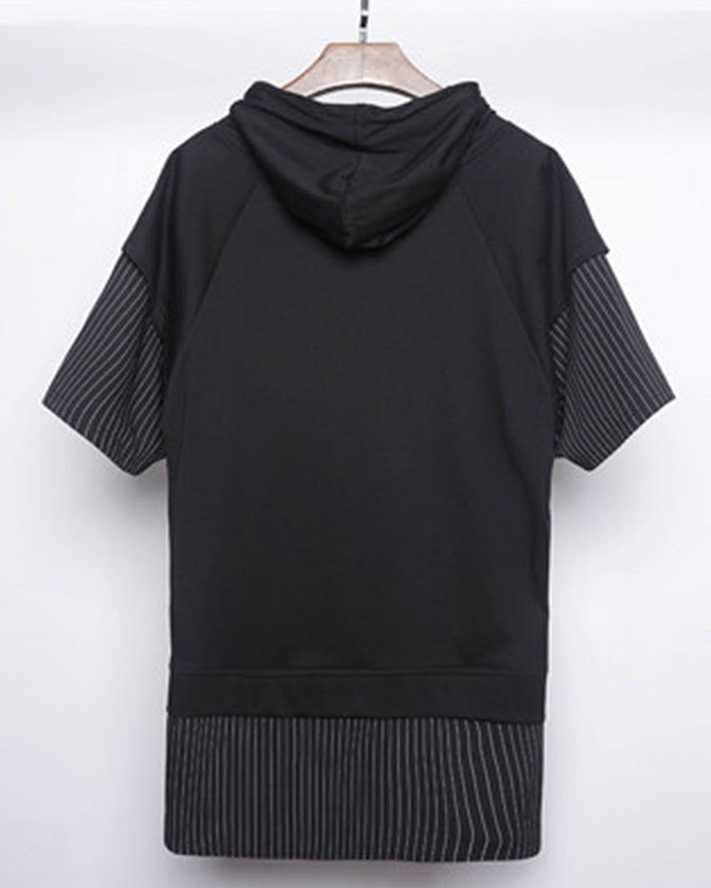 Layered Pinstripe Hooded Techwear T-Shirt