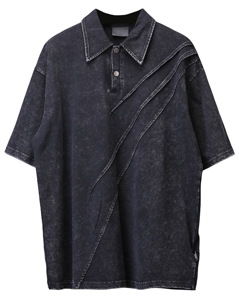 Washed Black Asymmetric Deconstructed Polo Shirt