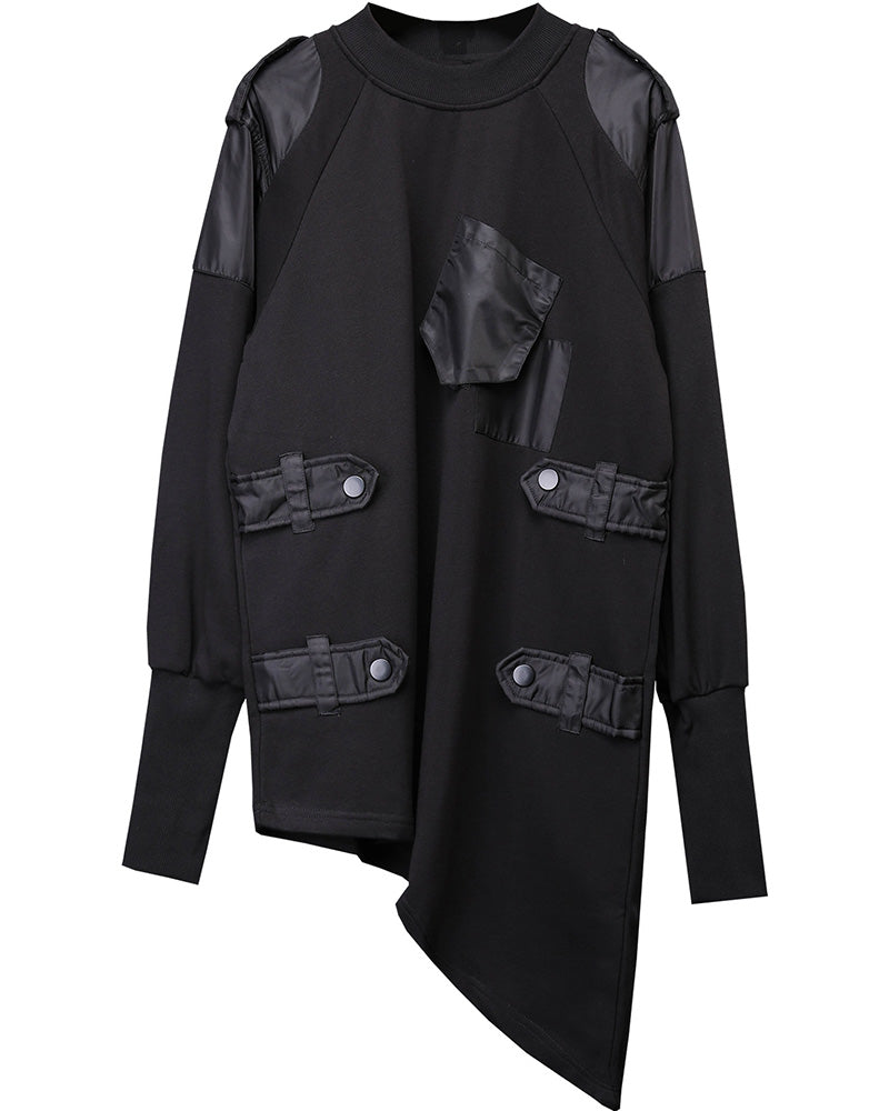 High-Street Techwear Asymmetric Patchwork Cargo Sweatshirt