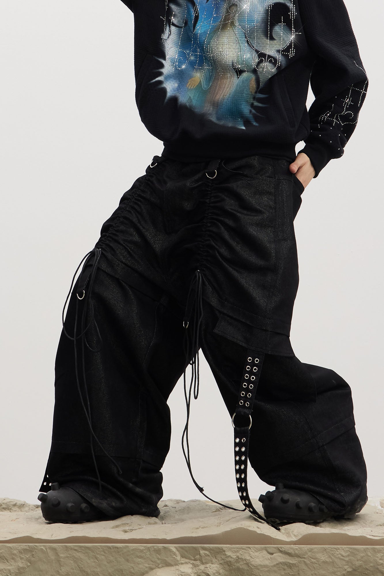 Drawstring Ruched Coated Cargo Jeans