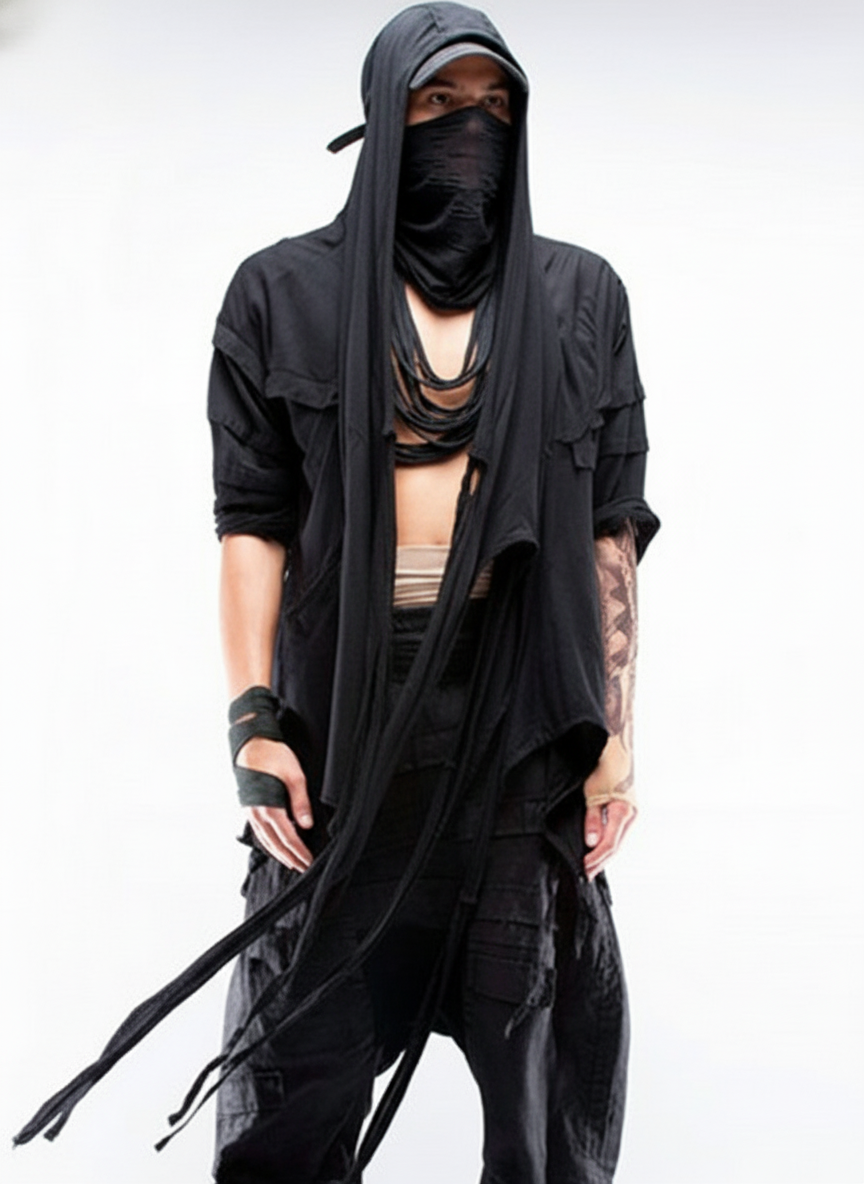 Wasteland Asymmetric Fringed Hooded T-Shirt