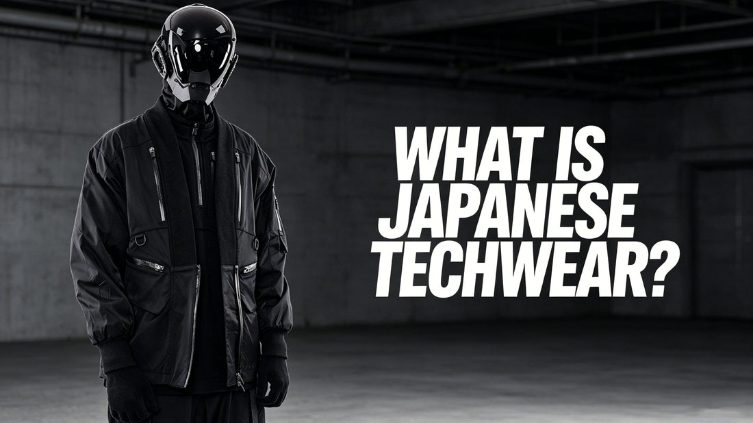 Japanese techwear jacket with tactical pockets and futuristic helmet