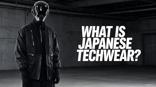 Japanese techwear jacket with tactical pockets and futuristic helmet