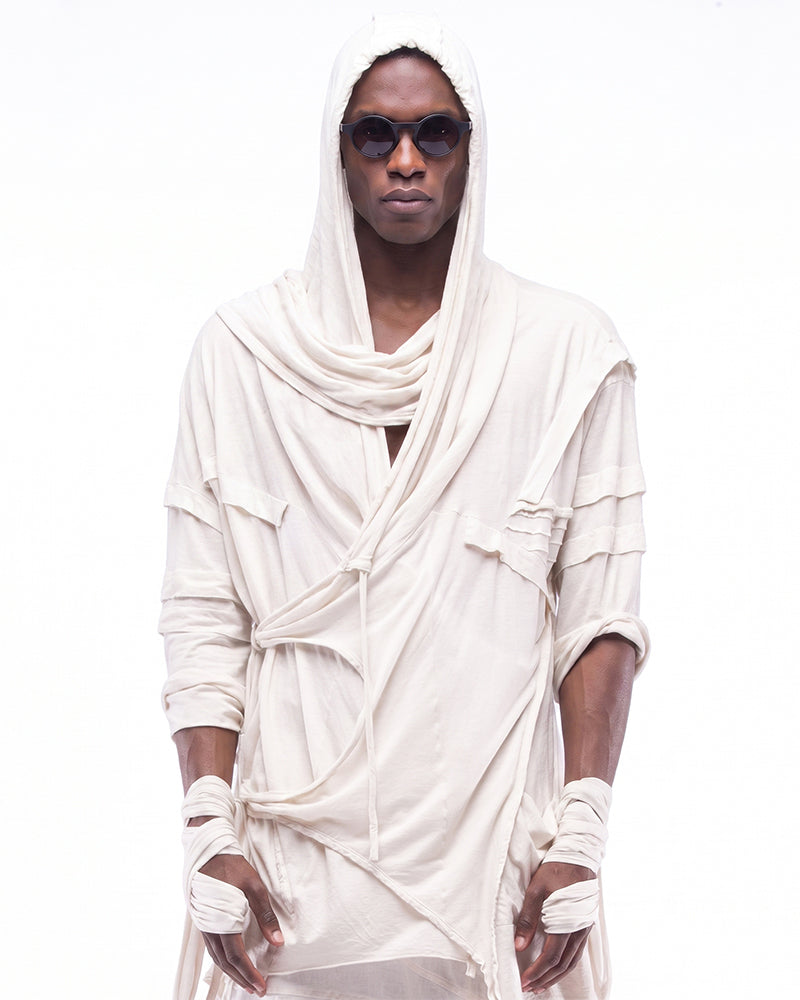 Wasteland Asymmetric Fringed Hooded T-Shirt