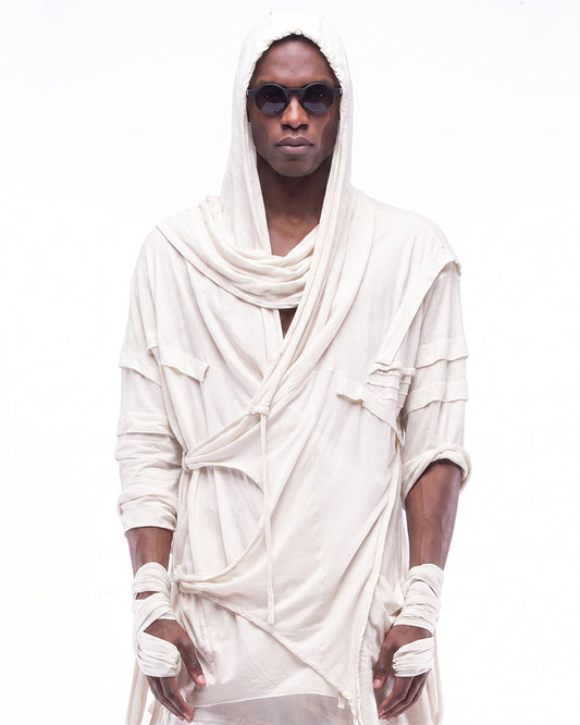 Wasteland Asymmetric Fringed Hooded T-Shirt