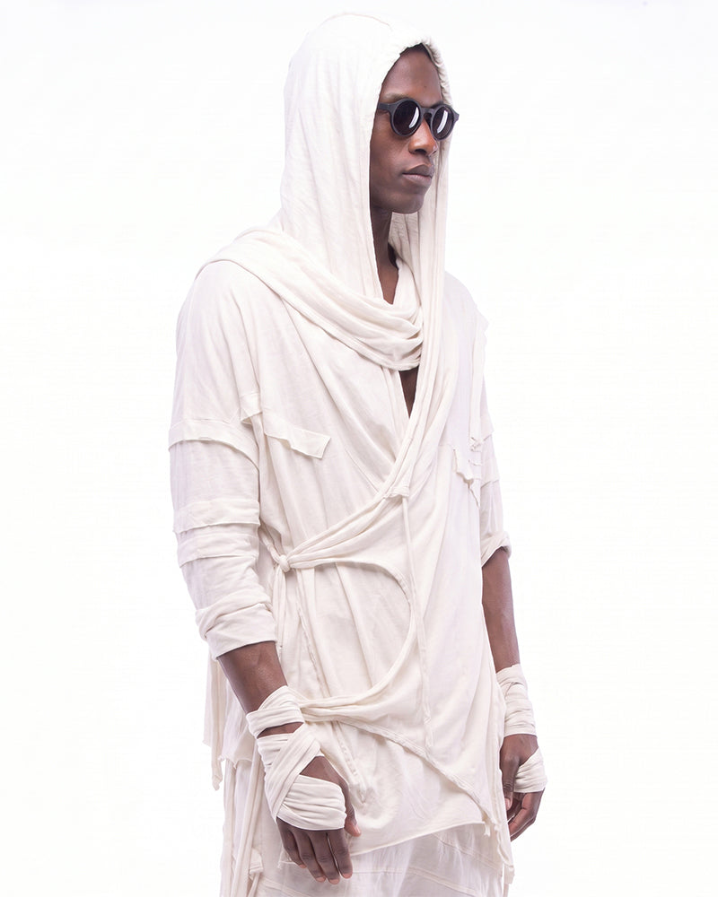 Wasteland Asymmetric Fringed Hooded T-Shirt