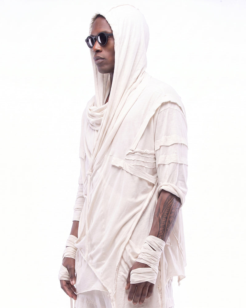 Wasteland Asymmetric Fringed Hooded T-Shirt