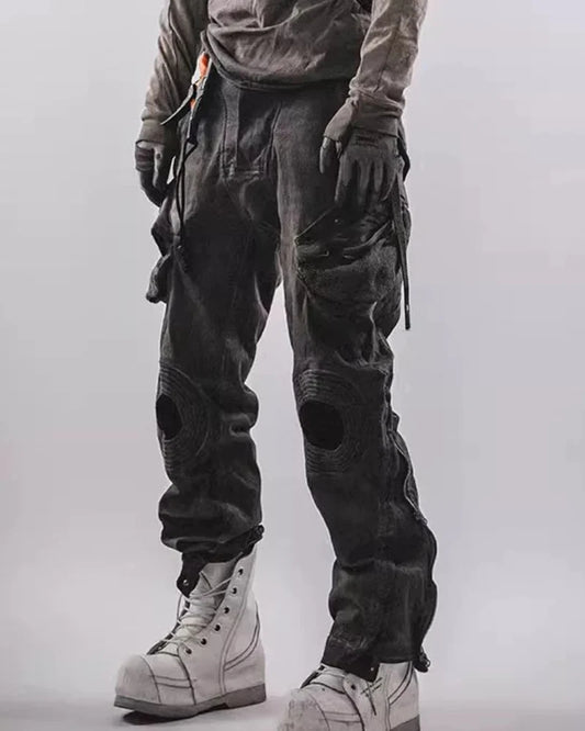 Post-Apocalyptic Wear Mech Multi-Pocket Washed Distressed Casual Pants