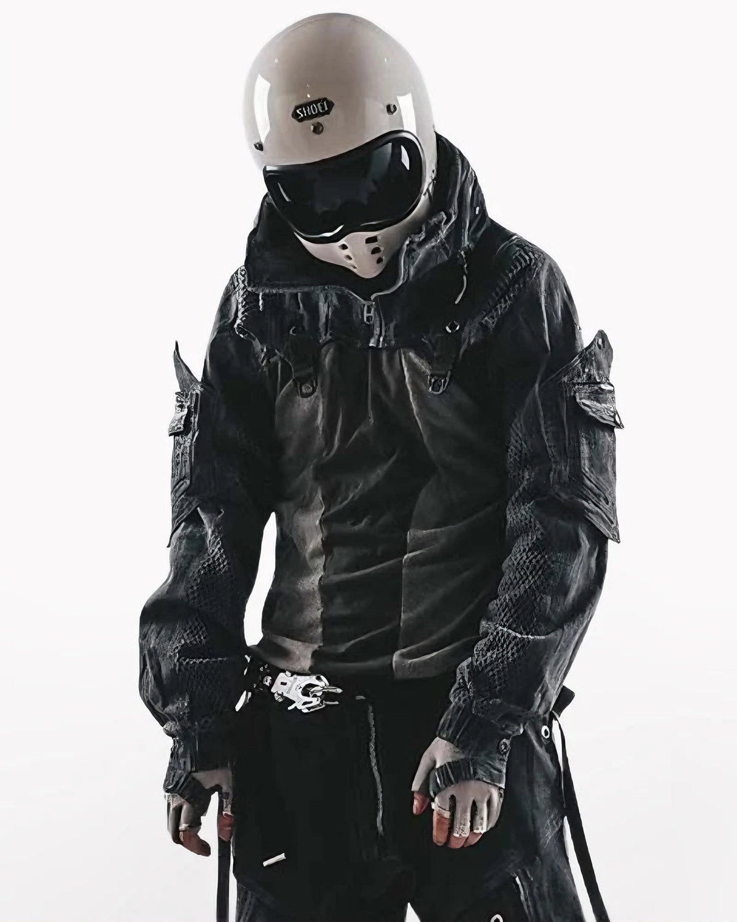 Post-Apocalyptic Hooded Mesh Color-Block Cape Jacket