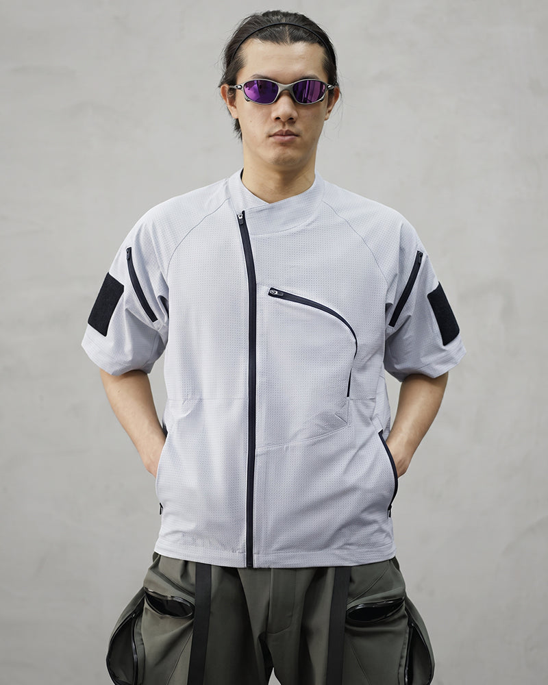 Asymmetric Zipper Seersucker Short Sleeve T-Shirt