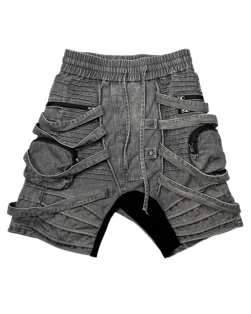 Wasteland Deconstructed Pleated Strap Distressed Washed Shorts