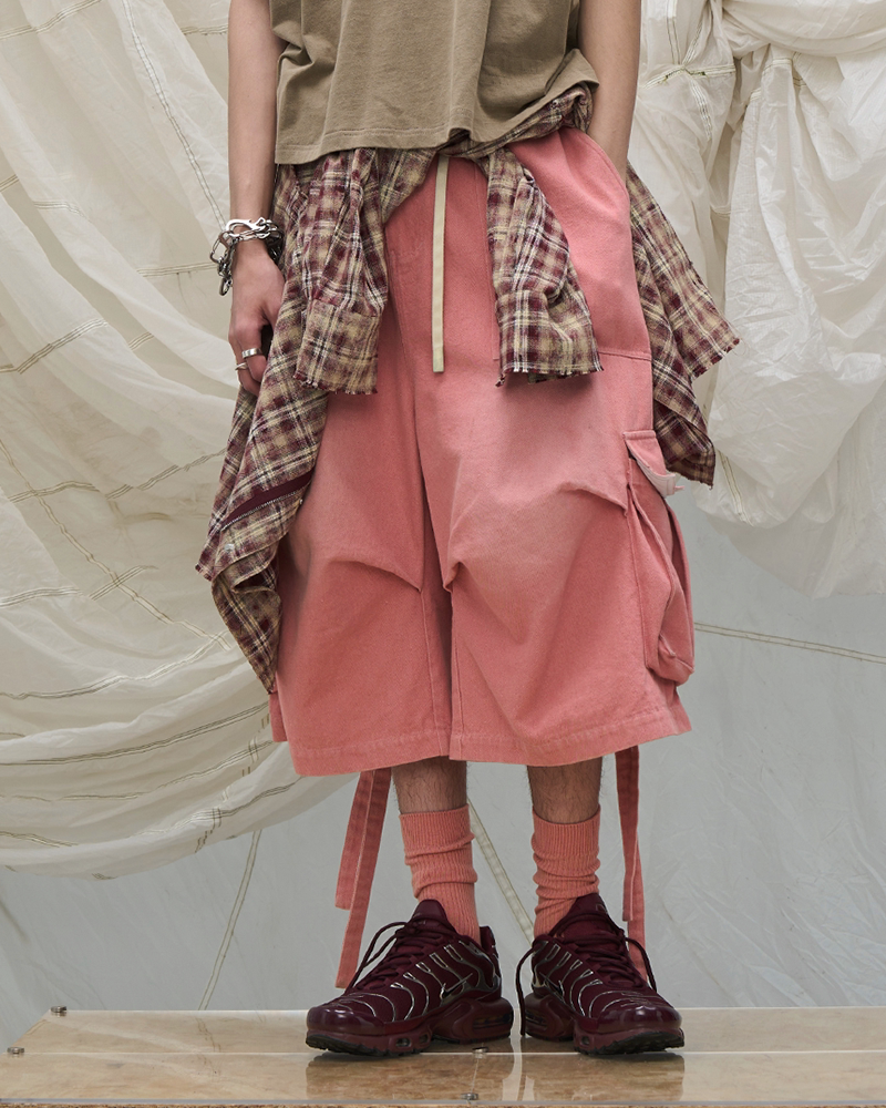 Washed Strap Drawstring Cargo Shorts