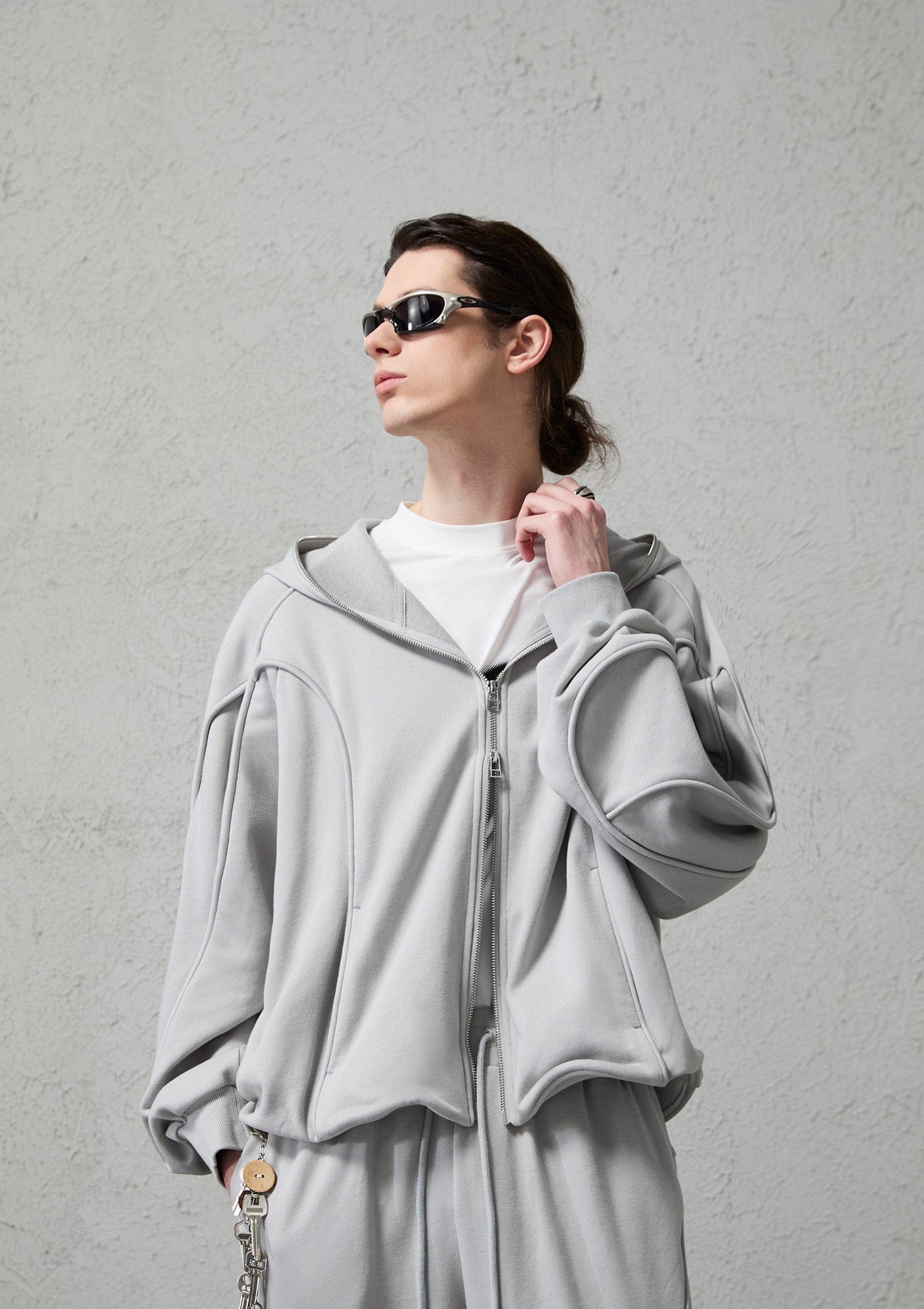 Curved Panel Drawstring-Hem Zip-Up Hoodie