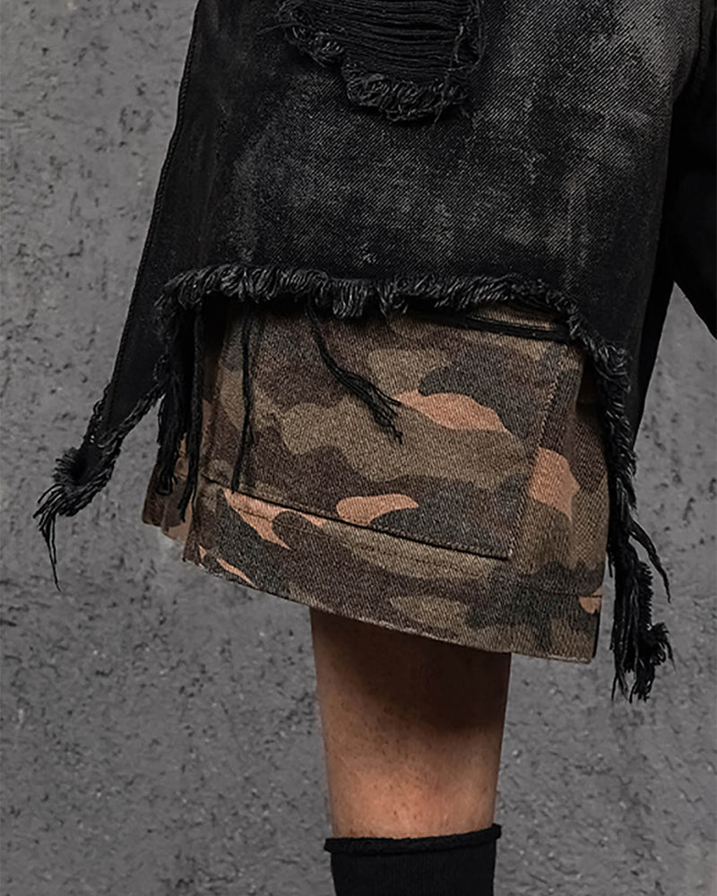 Double-Layered Ripped Camo Shorts Black