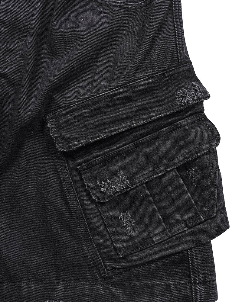 Layered-Pocket Distressed Denim Shorts