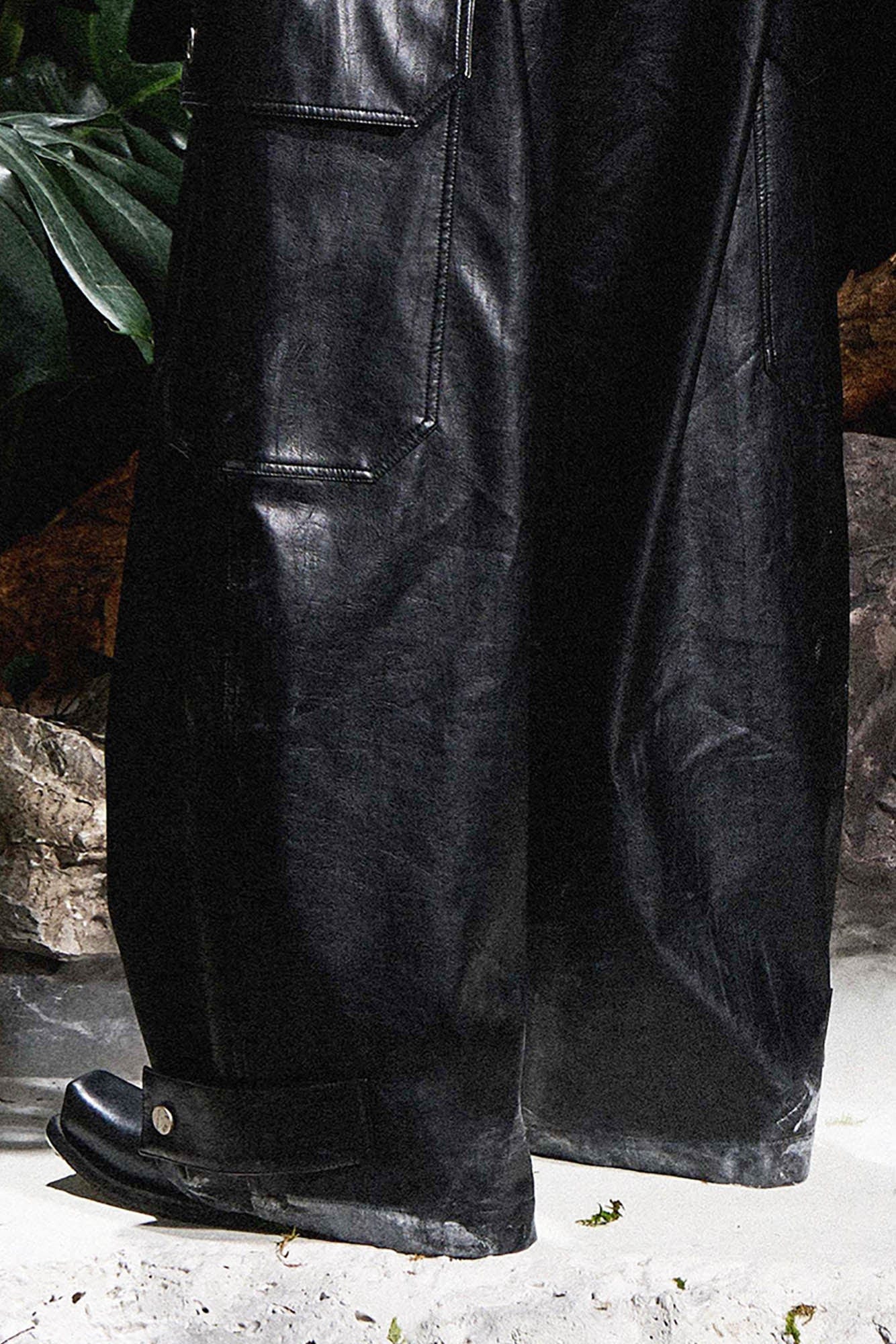 Multi-Pocket Pleated Faux Leather Wide-Leg Pants