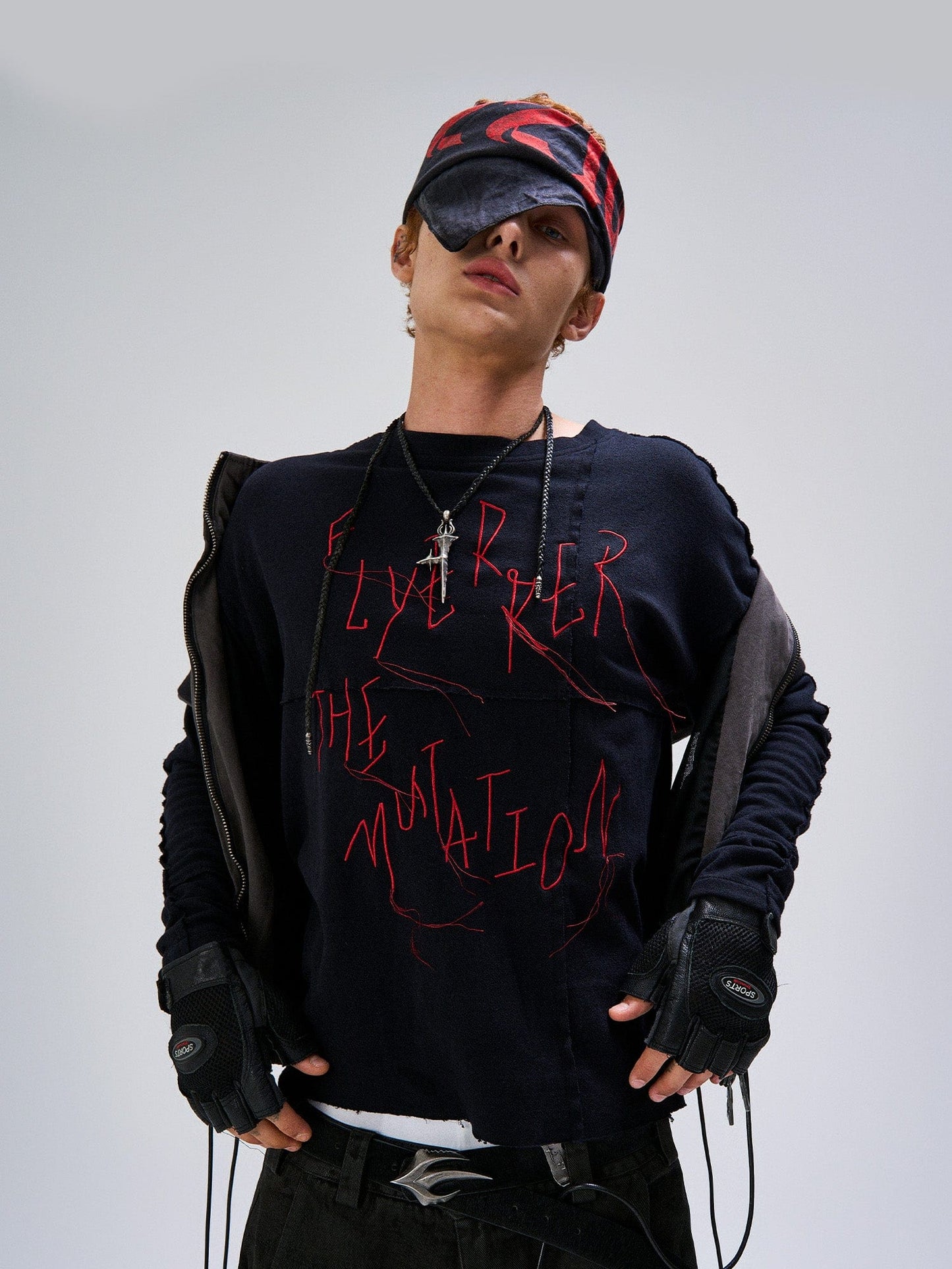 Cross-Panel Contrast Frayed Embroidered Long-Sleeve Tee