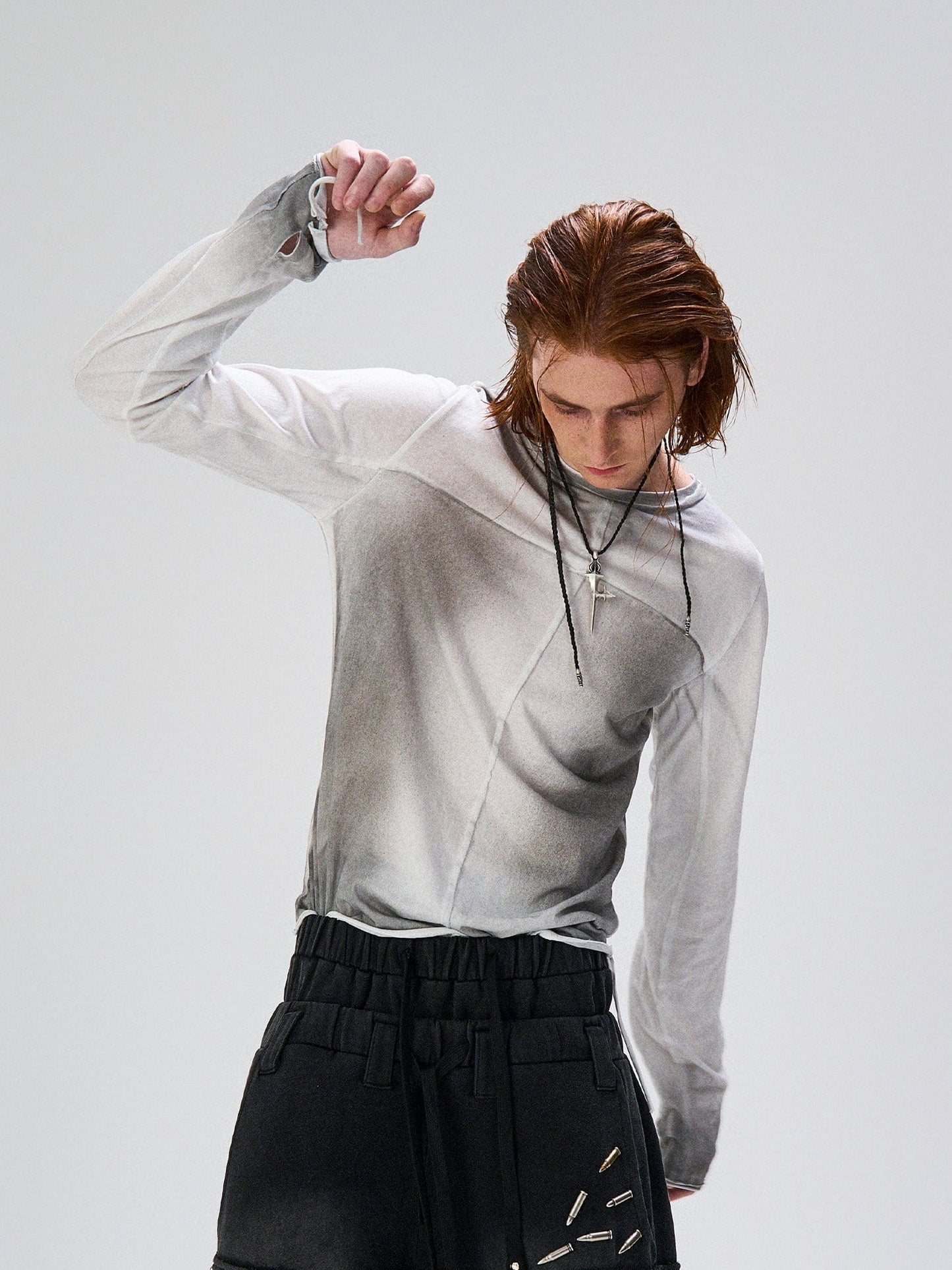 Washed Gradient Cross-Panel Raw-Edge Long-Sleeve Tee
