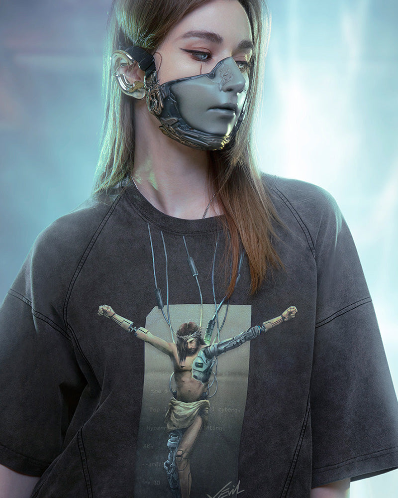 Cyberpunk Washed Gradient Discharge Print T-Shirt