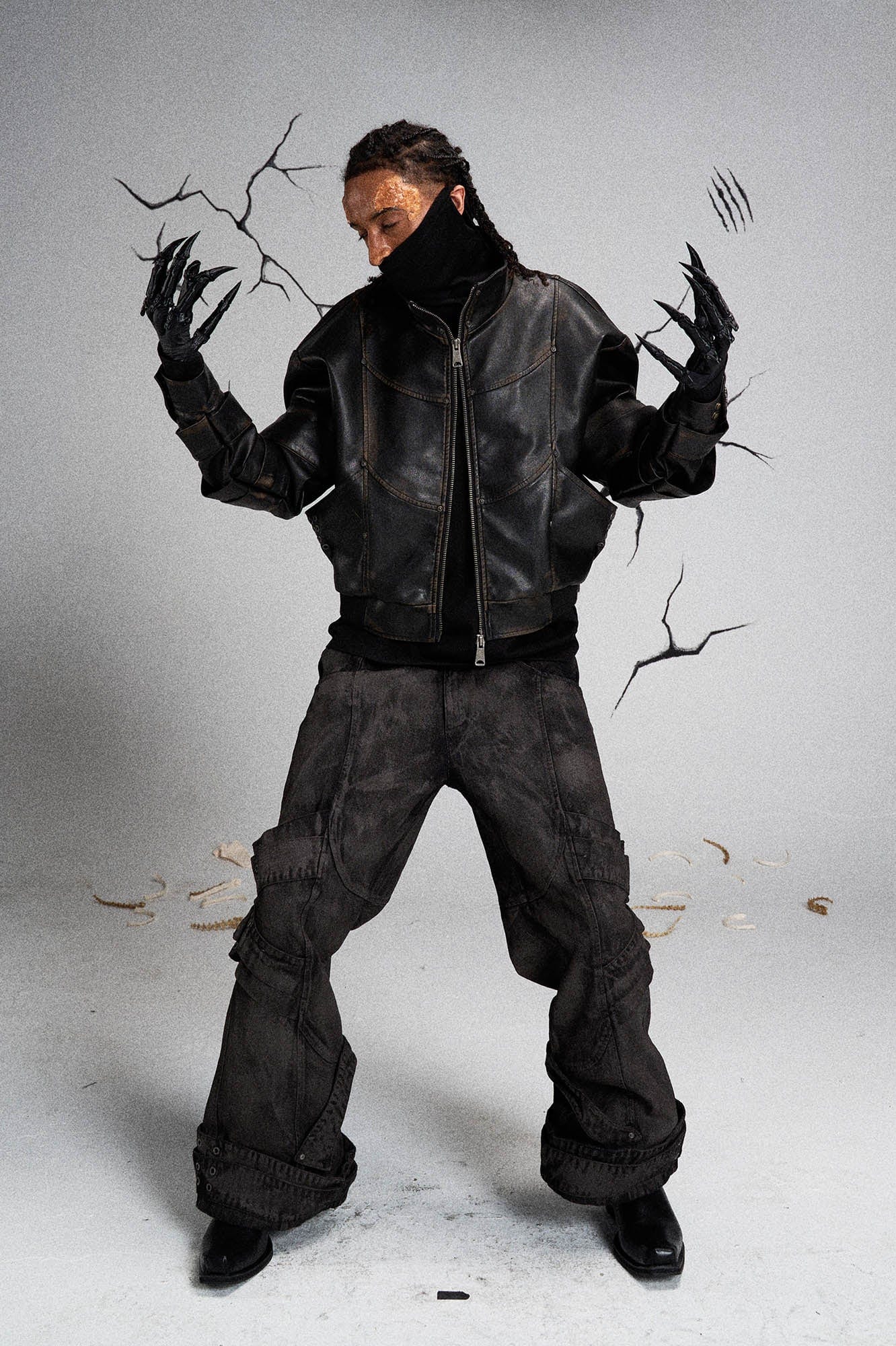 Mutation Layered Armor Spliced Faux Leather Jacket Black