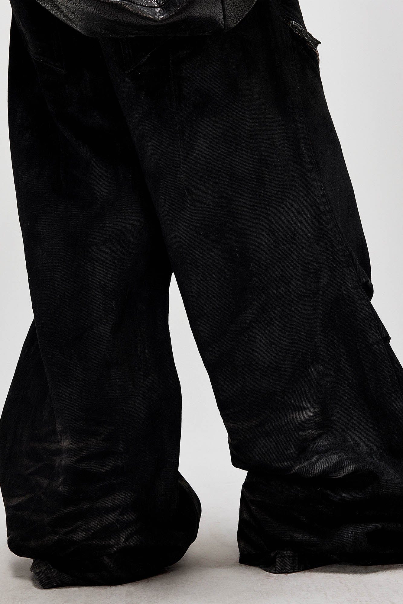 Distressed Waxed Zipper-Paneled Scimitar Pants