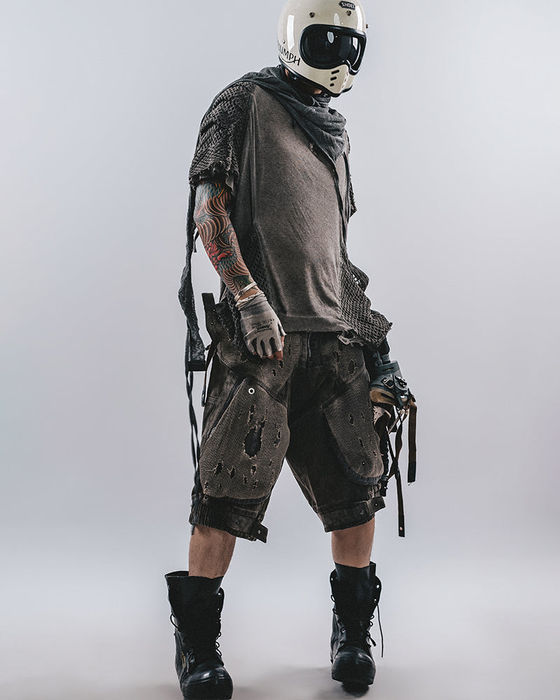 Post-Apocalyptic Distressed Mesh-Panel Shorts