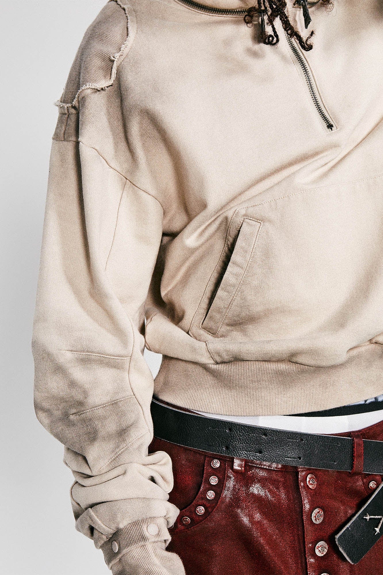 Distressed Detachable-Hood Glove-Sleeve Hoodie