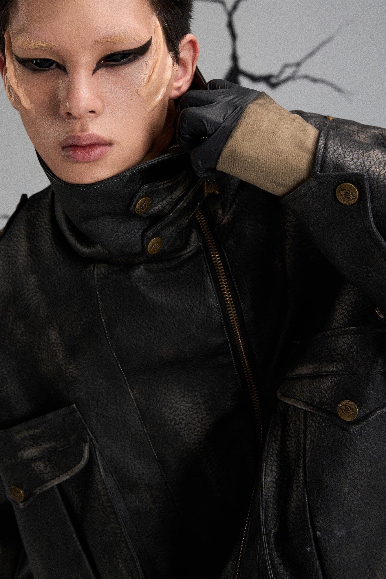 Mutation Knight Armor Distressed High-Collar Faux Leather Jacket