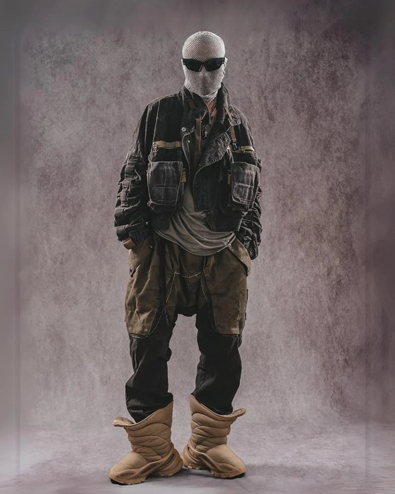 Wasteland Style Color-Blocked Drawstring Zipper Cargo Pants