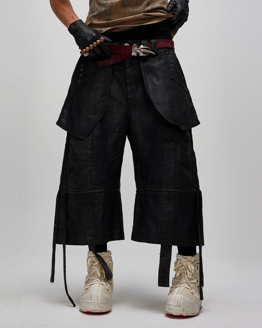 Waxed Layered Drape Strap Shorts