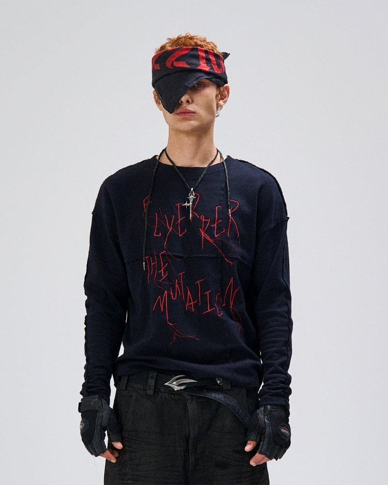 Cross-Panel Contrast Frayed Embroidered Long-Sleeve Tee