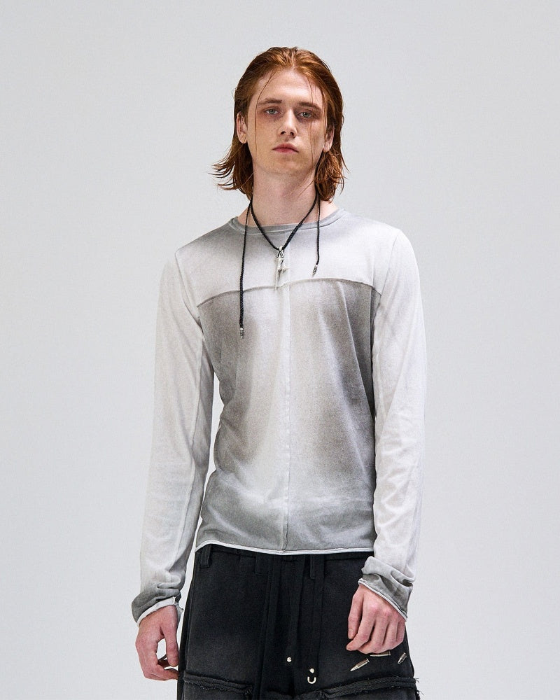 Washed Gradient Cross-Panel Raw-Edge Long-Sleeve Tee