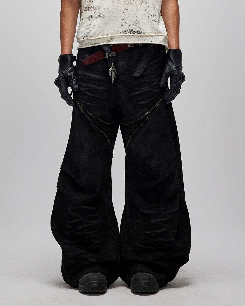 Distressed Waxed Zipper-Paneled Scimitar Pants