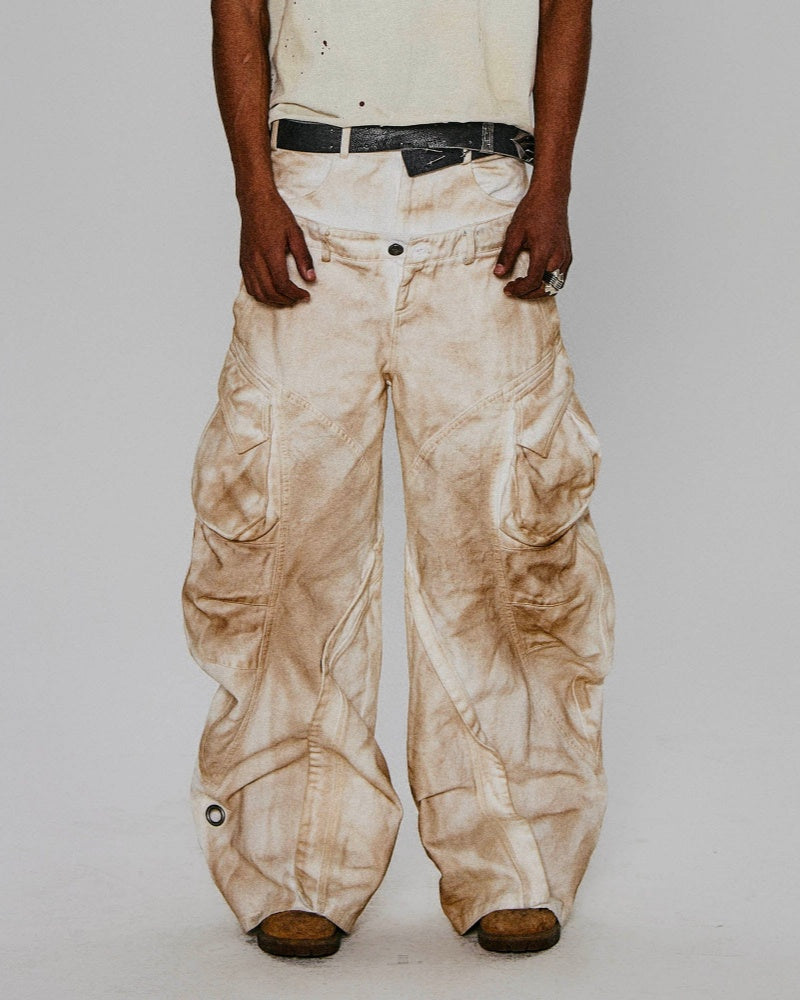 Rusted Double-Waist Multi-Pocket Curved-Leg Cargo