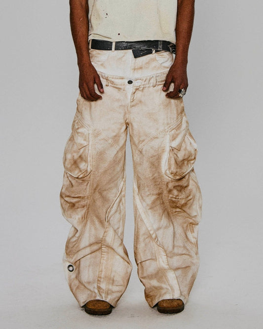 Rusted Double-Waist Multi-Pocket Curved-Leg Cargo