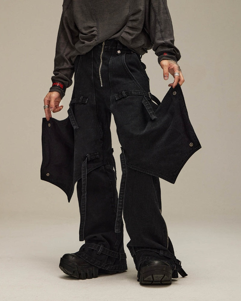 Spliced Faux-Layered Strap Zipper Pants