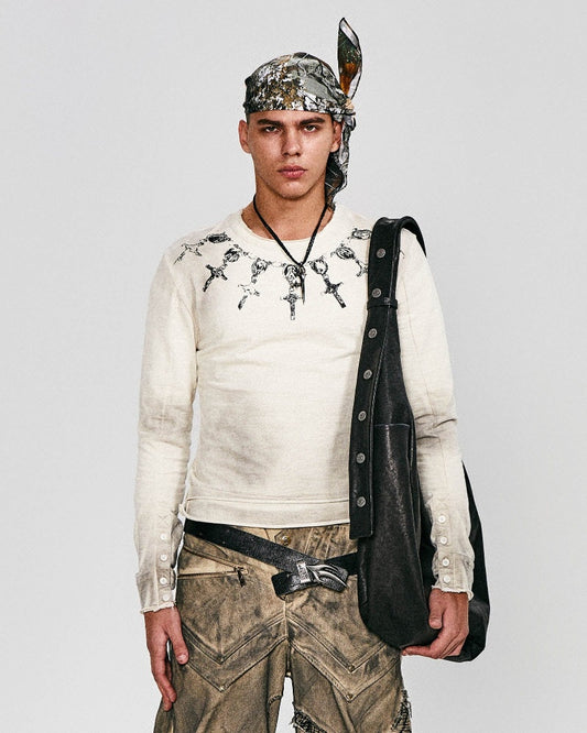 Distressed Cross Chain Graphic Long-Sleeve Tee