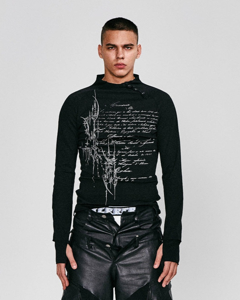 Gothic Script Graphic Asymmetrical Button Long-Sleeve Tee
