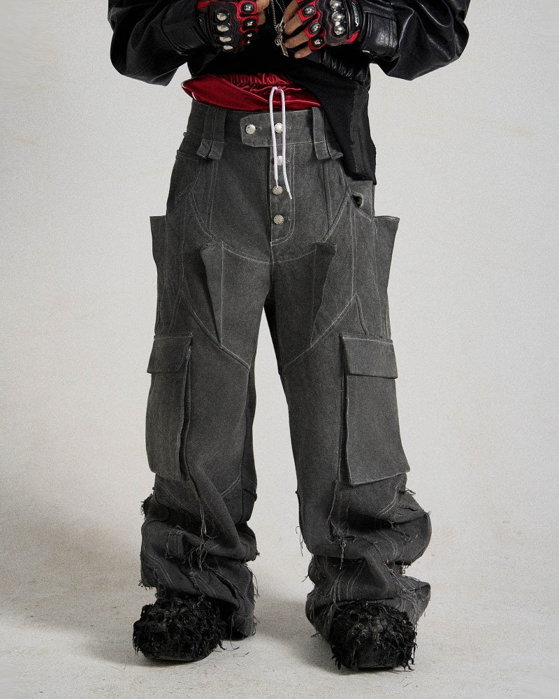 Deconstructed Multi-Pocket Frayed Cargo Pants