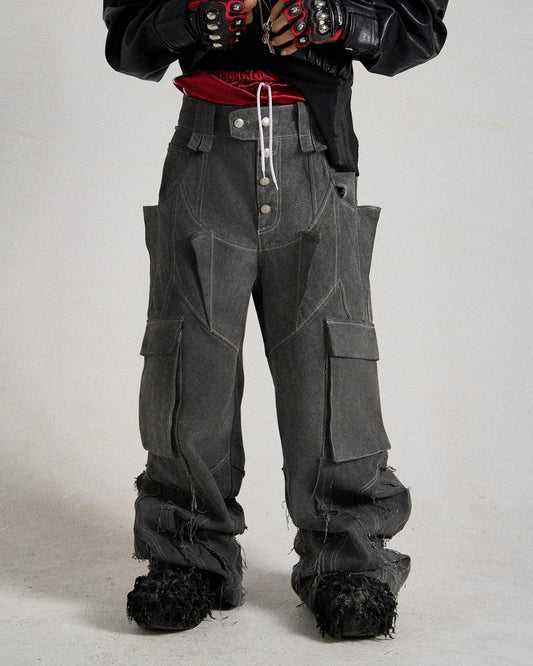 Deconstructed Multi-Pocket Frayed Cargo Pants