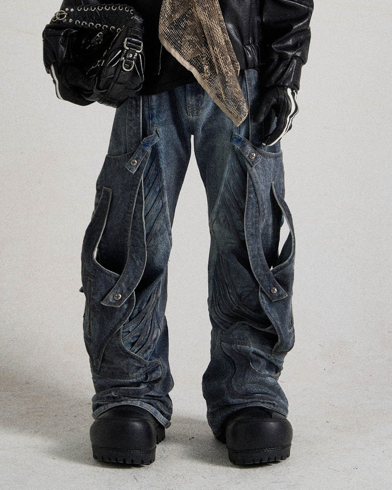 Deconstructed Multi-Strap Wide-Leg Jeans